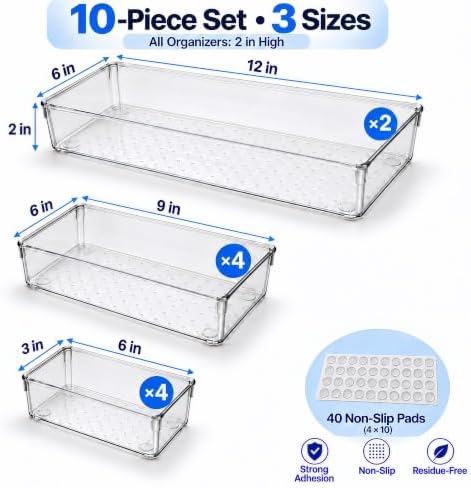 10 Pack Large Clear Drawer Organizer Trays, 3 Sizes, Non-Slip