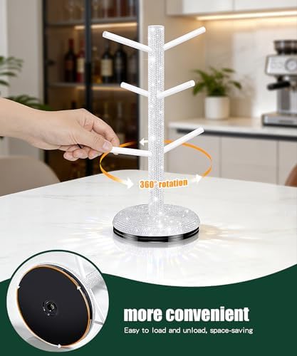 Bling Mug Holder Tree, 360° Rotation Coffee Cup Holder with 6 Hooks
