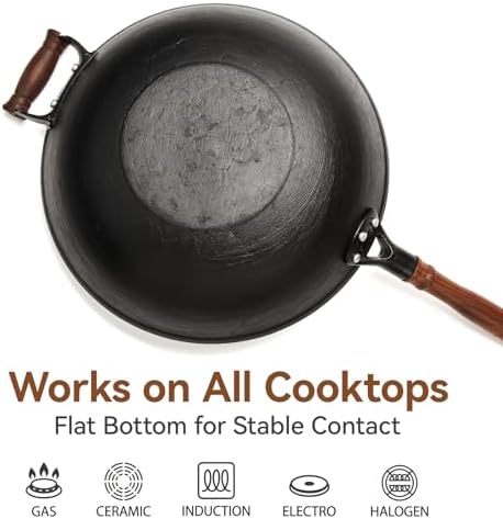 WANGYUANJI 13.4 Inch Cast Iron Wok Pan with Lid, Flat Bottom Uncoated Stir Fry Skillet, Heavy Duty Chinese Iron Pot for Family Cooking, Induction & Gas Stoves Compatible