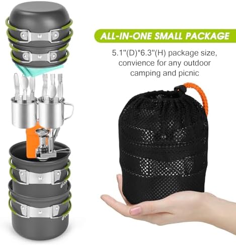Odoland 16pcs Camping Cookware Mess Kit, Lightweight Pot Pan Mini