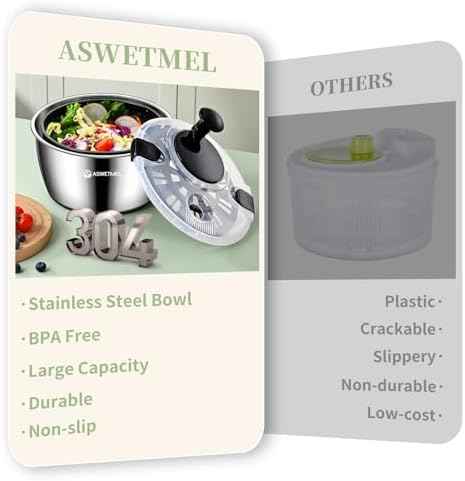 5.3QT Large Stainless Steel Salad Spinner, ASWETMEL Metal Salad