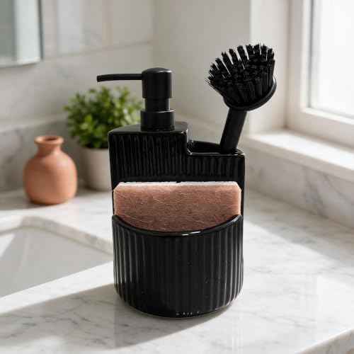RQYIXI 3-in-1 Ceramic Round Soap Dispenser with Sponge Holder,Black,18