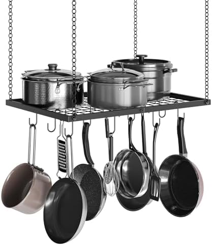 CHOEZON Hanging Pot Rack, Ceiling Mounted Pot Hanger for Kitchen, Metal Cookware Storage Organizer with 12 Hooks, for Storage of Cookware, Utensils in Kitchen, 23.7" L, Black TPR03BB