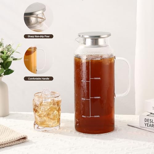 2-Pack Glass Pitcher with Lid, 68oz 2 Quart Water Pitchers With Handle