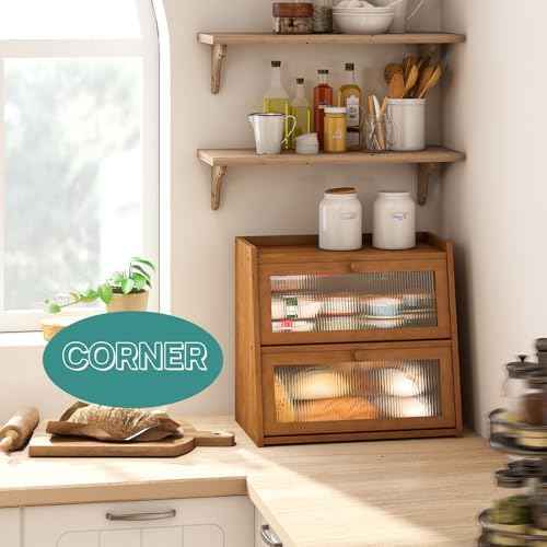 viewcare Extra Large Bread Box, Double Layer Bread Box for Kitchen Counter, Bamboo Wood Large Capacity Bread Storage Bin with Acrylic Wavy Door Panel