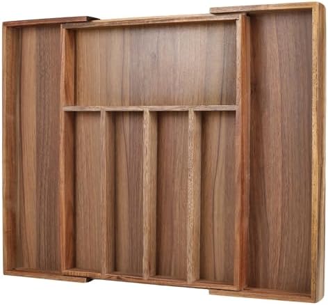 Acacia Wood Silverware Organizer, 7-Compartment Expandable Drawer Tray
