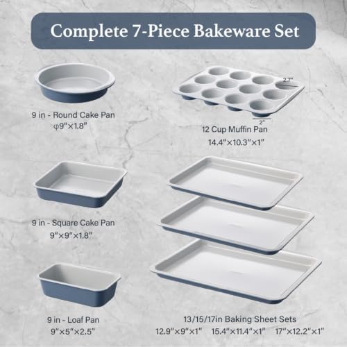 Carote 7Pieces Baking Pans Set Nonstick, Premium Carbon Steel Non Toxic Stackable Bakeware Sets for Kitchen, Scratch-Resistant, Oven Bake Sheets for Baking, Cake Pan, Roasting Pan, Muffin Pan, Blue