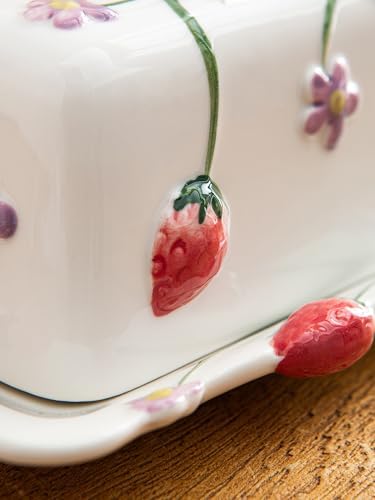 Cottage Strawberry Butter Dish w/ Lid & Knife, Artisanal Handmade