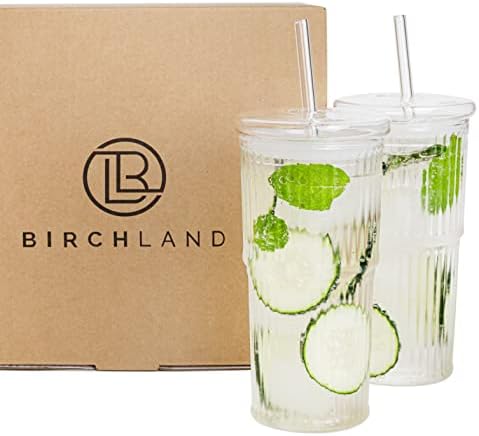 Birchland All Glass Iced Coffee Cup with Lid and Straw, Ribbed Glass