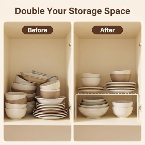 iPEGTOP Set of 6 Large (15.7 x 9.4 Inch) Kitchen Cabinet Organizer Shelf, Wire Freezer Storage Shelves Rack, Rustproof Steel Metal Shelf Riser for Dish Plates Pantry Cupboard Organization, White