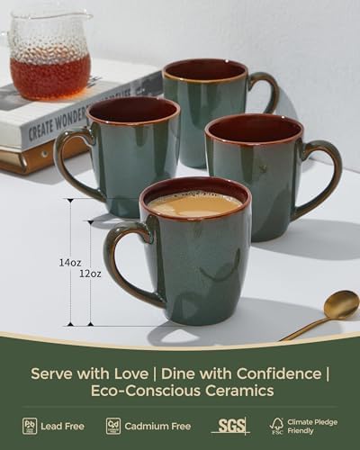 Pokini Coffee Mug 14oz, Coffee Mugs Set of 4, Cups for Latte Tea