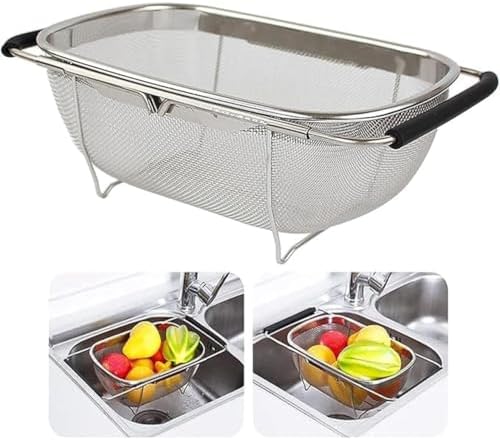 Stainless Steel Oval Fine Mesh Colander Strainer, Rubber Grip Handle