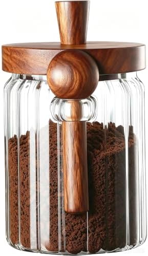 TIWPAJS Coffee Grounds Canister with Wooden Spoon and Lid, Ribbed