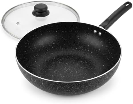11-Inch Nonstick Flat-Bottom Wok with Glass Lid, Induction Stir-Fry and Saute Pan for Vegetables, Noodles and One-Pan Meals, Aluminum Wok for All Stovetops