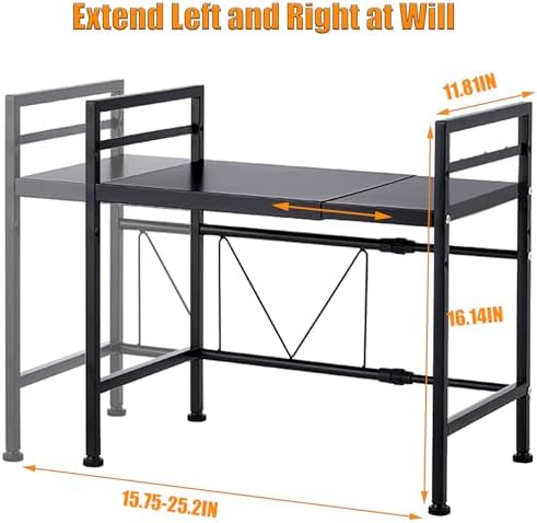 Extendable Microwave Oven Stand, 2-Tier Organizer with 6 Hooks