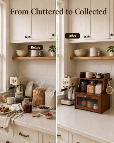 Brown Bread Box for Kitchen Countertop, Wooden Bread Storage Container with Shelf, Coffee Bar Organizer and Bread Keeper for Bread, Bagels and Pantry