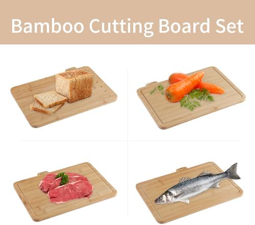 4 Piece Bamboo Cutting Boards Set with Food Icons & Stand, 12.6"L x