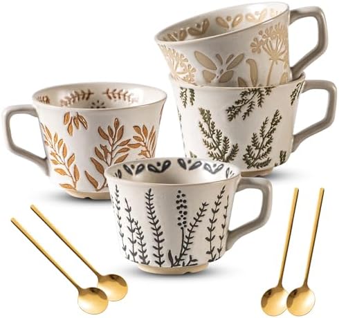 Ceramic Mugs 11 oz Unique Luxurious Cups Set of 4 with Premium Spoon