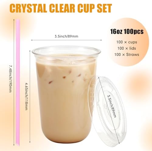 Ziliny 100 Pack 16 oz Plastic Cups with Lids Straws Iced Coffee, Pink