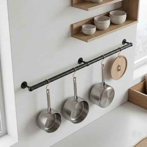 Wooden Pot Rack Wall Mounted - Pans Hanging Rack and Detachable Kitchen Lids Utensils Hanger (Black, 33.9inch/2 Pack)