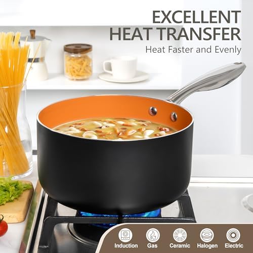 MICHELANGELO 4 Quart Saucepan with Lid - Ultra Nonstick Sauce Pan with