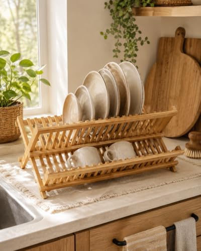 Oggi 2 Tier Folding Bamboo Dish Drying Rack