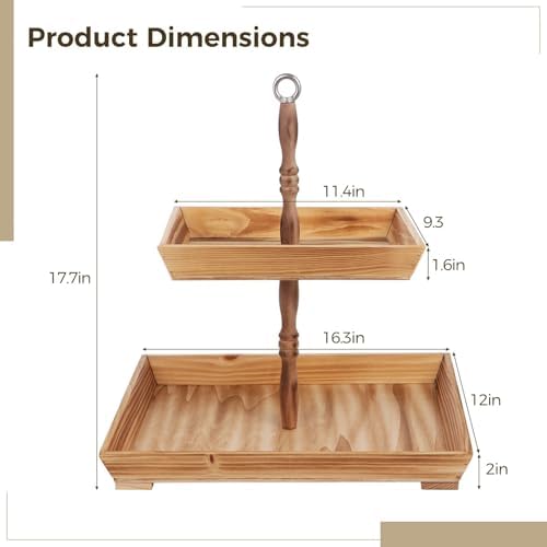 Wood Tray, Farmhouse Serving Stand with Metal Handle, 2-Tier Rustic