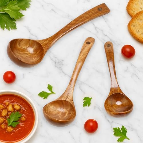 3Pcs Wooden Ladles Serving Spoon Non Toxic Soup Ladle Wood Cooking