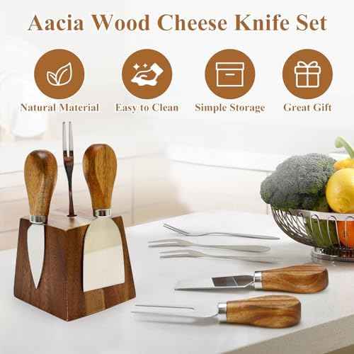 9 Pack Cheese Knives with Holder Acacia Wood Charcuterie Board Accessories