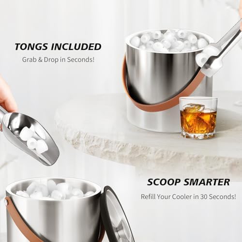 Bakpoco Double-Wall Vacuum Insulated Ice Bucket with Lid, Scoop, Ice