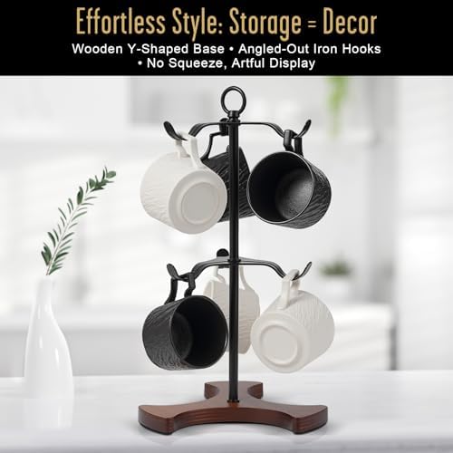Coffee Mug Tree,Solid Wood Base Y Shape 6 Iron Hooks