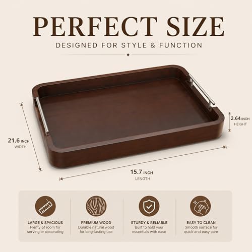 22x16 Inches Large Wooden Serving Tray with Metal Handles for Dining