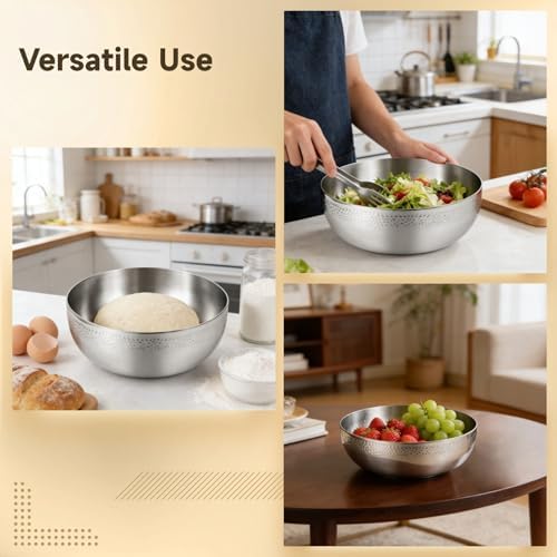 Extra Large Stainless Steel Hammered Salad Bowl - 11 in Large Popcorn