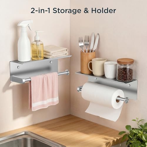 FORIOUS Wall Mount Paper Towel Holder with Shelf, Stainless Steel