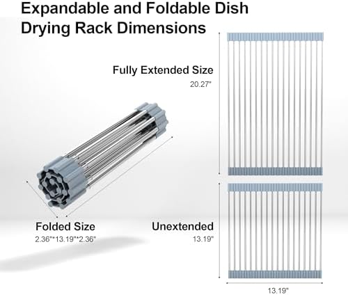 20.27 x 13.19 Inch Roll Up Dish Drying Rack, Expandable Over Sink Drying Rack 304 Stainless Steel Drainer for Counter Kitchen Home RV Essentials Foldable Over Sink Drying Rack, Grey