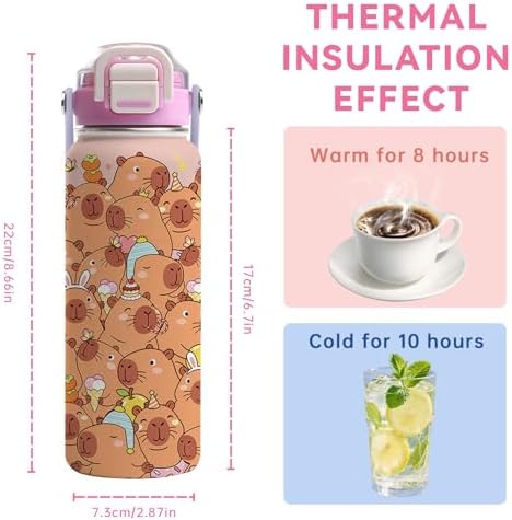 Capybara 18oz Insulated Water Bottle, 2-in-1 Lid, Gift for Girls