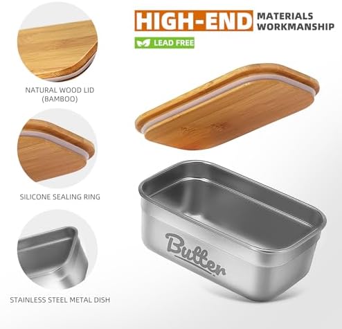 Large Stainless Steel Butter Dish, Airtight Lid, Holds 4 Sticks