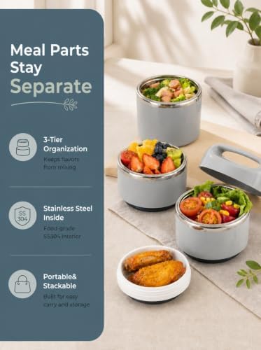Lille Home Stackable Stainless Steel Thermal Lunch Box, 43OZ/1.38L