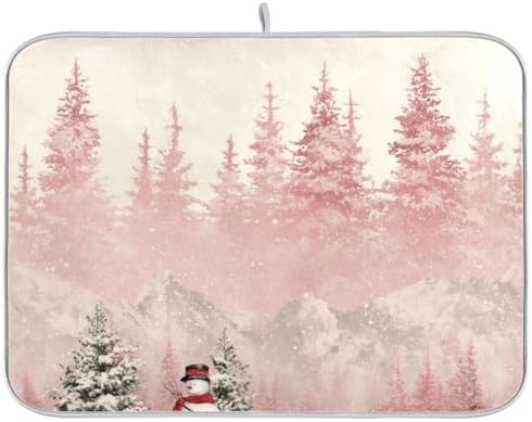 OTVEE Snowman in Pink Forest Dish Drying Mat for Kitchen Counter