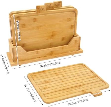 4 Pack 13.2"L x 8.9"W Bamboo Cutting Boards with Holder and Food Icons