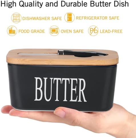 Ceramic Butter Dish with Bamboo Lid and Stainless Steel Knife Spreader