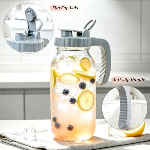 Mason Jar Pitcher 64 OZ Wide Mouth Glass Water Jug With Pour Spout
