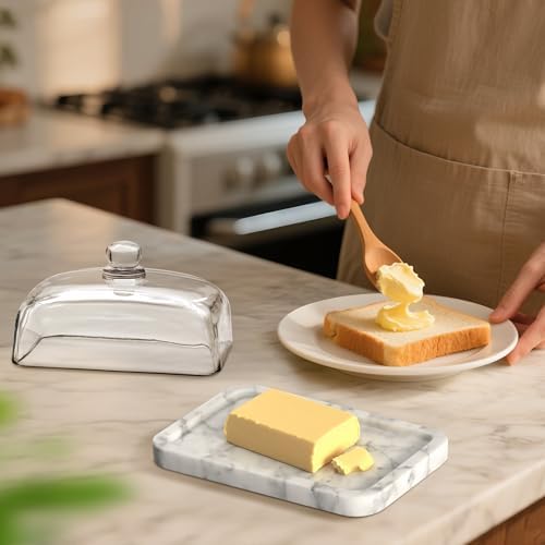 Marble Butter Dish with Lid, Wide Butter Holder 7.2"L x 5"W