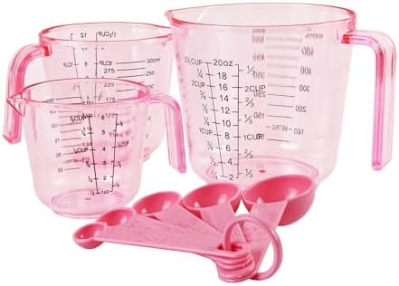 Pink Plastic Measuring cup Measuring spoon Set: 3 Stackable Liquid