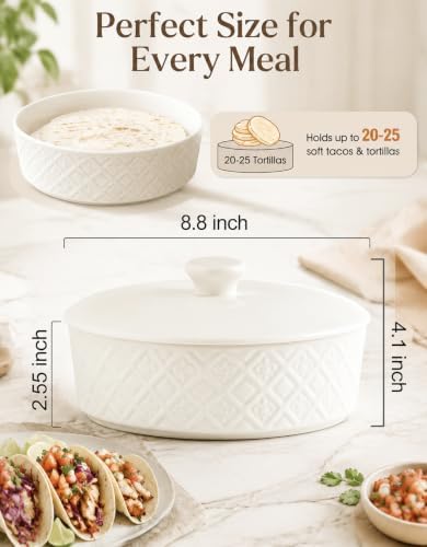 Large Tortilla Warmers with Lid 8.8 Inch, Embossed Ceramic Tortilla