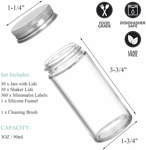 Tebery 30 Pack Round Spice Bottles Jars with Silver Lids, 3oz Empty