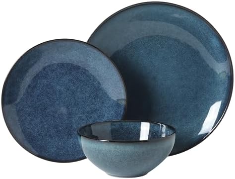 Gibson Elite Castle Peak Plates and Bowls Set, 12-Piece Dinnerware Set, Blue Reactive Glaze Stoneware Dishes, Dinner Plates, Salad Plates & Cereal Bowls