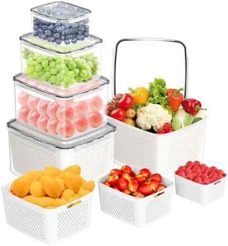Fruit Storage Containers for Fridge, 5-Piece Set with Drain Basket