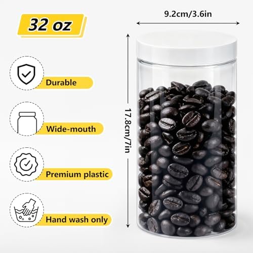 4 Pack Plastic Container, Plastic Jars, 32 Oz, Clear, Round
