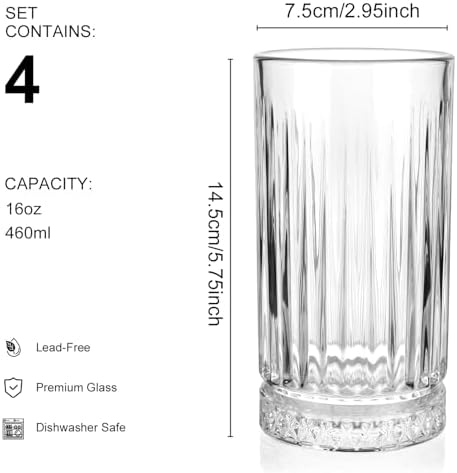 Highball Glasses Set of 4, 16oz Tall Drinking Glasses, Lead-free